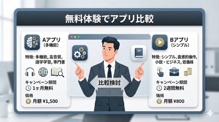 アイキャッチ画像:自分に合ったオーディオブックアプリを選ぶための、機能・料金・無料期間の比較を整理した画像