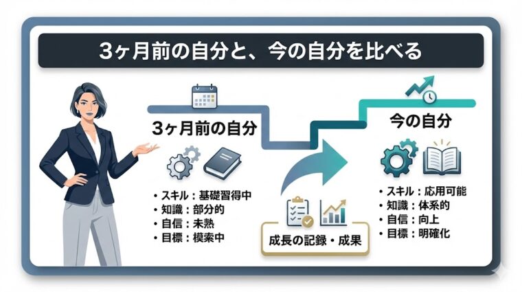 3ヶ月前の自分と今の自分を、スキル・知識・自信の観点で比較し、自身の着実な成長を確認するための解説画像