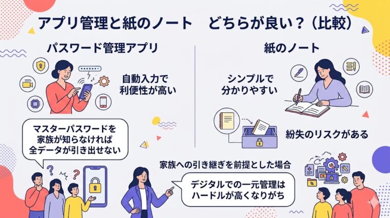 パスワード管理における「専用アプリ」と「紙のノート」の利便性と安全性を比較した画像