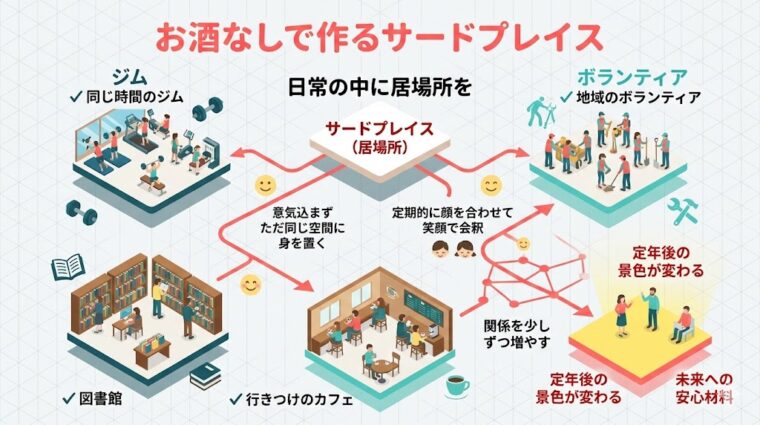 アイキャッチ画像:お酒を伴わない多様なサードプレイスでの社会参加の選択肢を示した画像