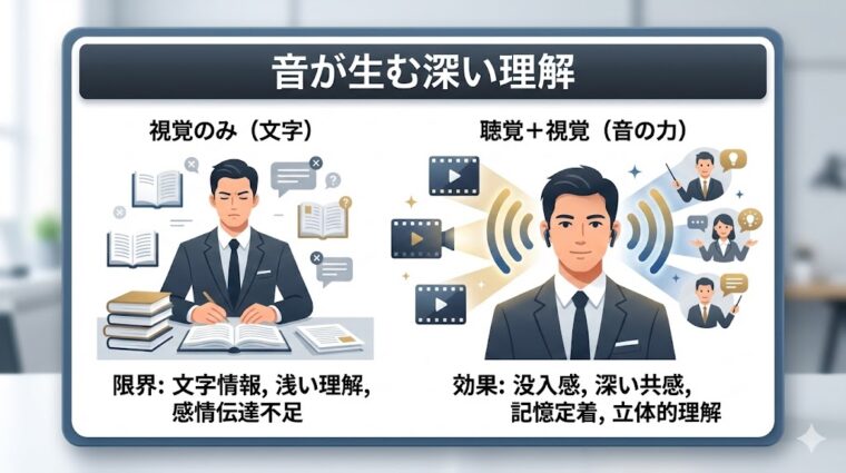 アイキャッチ画像:文字情報のみの限界と、音の力(聴覚)による没入感や深い理解・記憶定着の効果を整理した画像