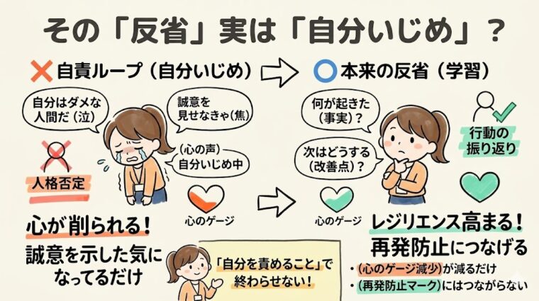 過去に囚われ人格を否定する「自責」と、未来の改善に向かう建設的な「反省」の違いを比較した図解。