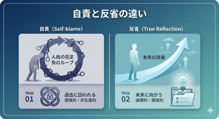 過去に囚われ人格を否定する「自責」と、未来の改善に向かう建設的な「反省」の違いを比較した図解。