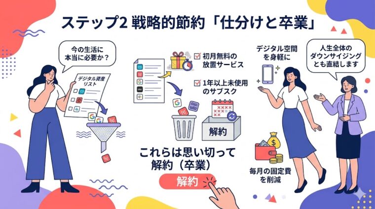 デジタル終活のステップ2として、不要なサブスクや有料サービスの解約・整理を推奨する画像