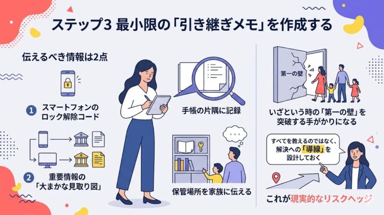 デジタル終活のステップ3として、ロック解除などの重要情報を家族へ共有するコツを解説した画像