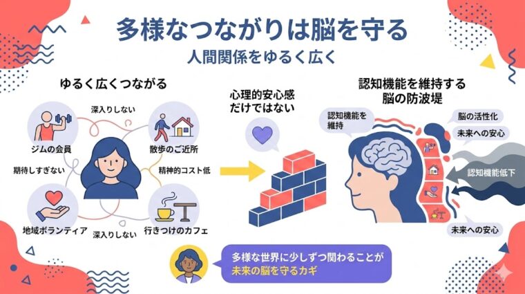 アイキャッチ画像:認知機能を守るための「人間関係の分散投資」の重要性を解説した画像