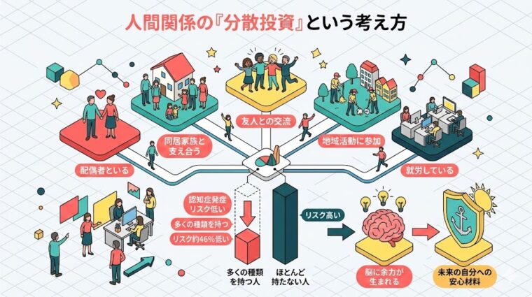 アイキャッチ画像:多様なコミュニティへの参加が認知症リスクを低下させる効果をまとめた画像