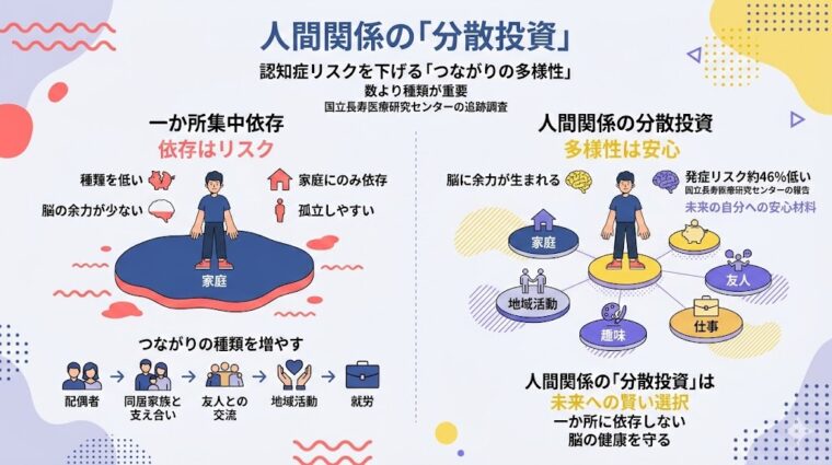 アイキャッチ画像:多様なコミュニティへの参加が認知症リスクを低下させる効果をまとめた画像