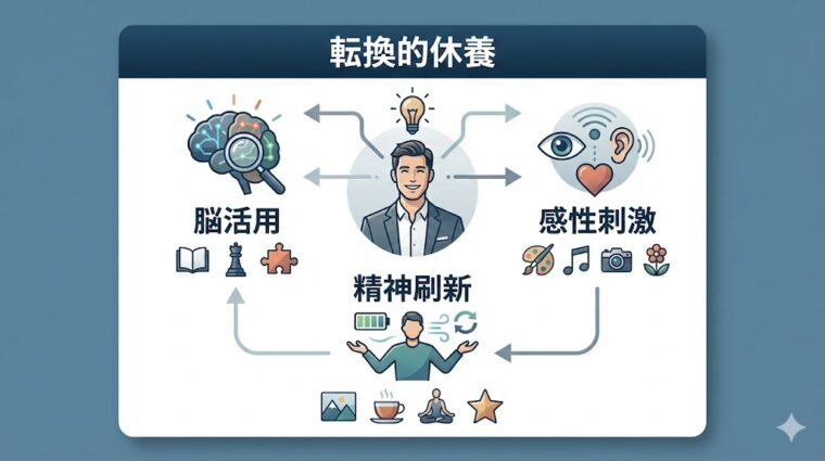 概念図:脳の未使用エリアの活用や感性刺激によって精神の刷新を図る「転換的休養」の要素を整理した画像