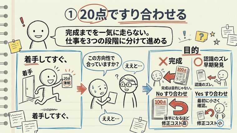 仕事の初期段階(20%)で方向性を確認し、後半の大きな修正コストや認識のズレを防ぐメリットを解説した比較画像