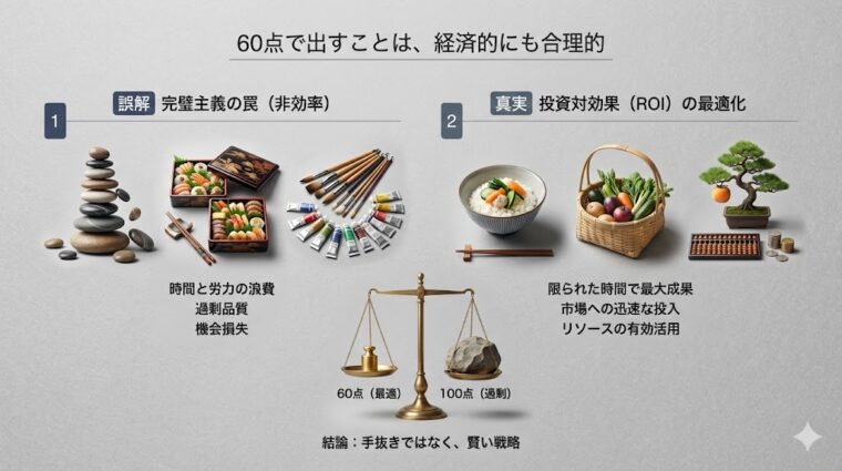 仕事の成果を「60点で出す」ことの経済的合理性。完璧主義によるリソース浪費を避け、投資対効果(ROI)を最適化する賢い戦略の比較図。