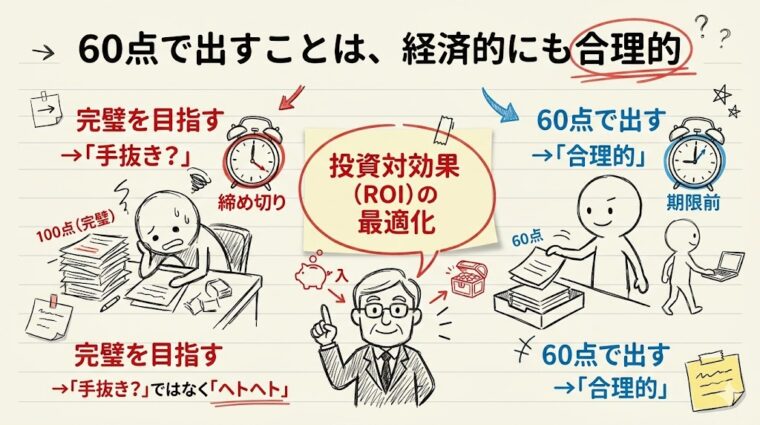 仕事の成果を「60点で出す」ことの経済的合理性。完璧主義によるリソース浪費を避け、投資対効果(ROI)を最適化する賢い戦略の比較図。