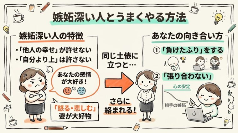「嫉妬深い人」の心理的特徴と、同じ土俵に立たず「負けたふり」や「張り合わない」ことで人間関係を円滑にする方法をまとめた図解画像
