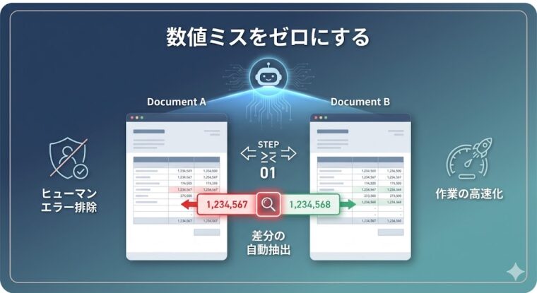 AIを活用したドキュメント比較による数値ミスの自動抽出と、ヒューマンエラーを排除する業務効率化の解説図。