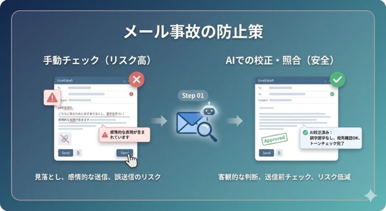手動チェックによるメール誤送信のリスクと、AI校正・照合によって客観的にリスクを低減するプロセスの比較図。
