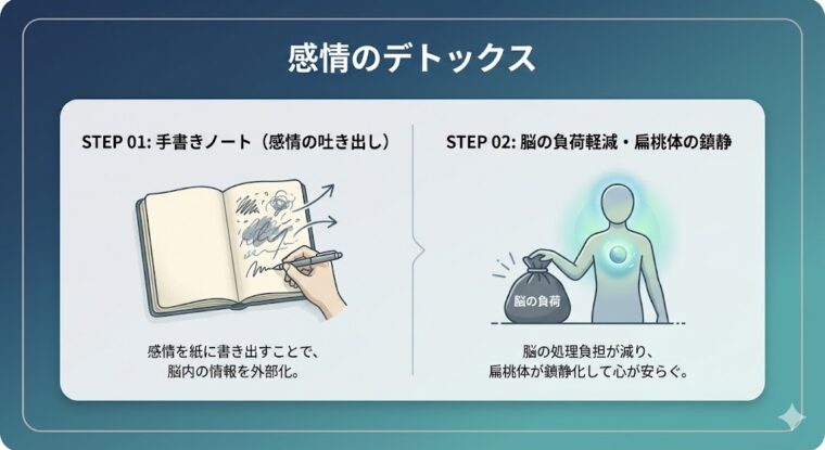 手書きノートに感情を書き出す(ジャーナリング)ことで脳の負荷を軽減し、扁桃体を鎮静化させる感情デトックスの仕組み。