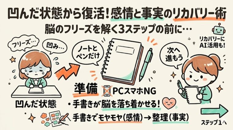 感情の吐き出し、事実の抽出、AIでの学習という3段階を経て、メンタルを回復させ思考の癖を把握するステップの図解。