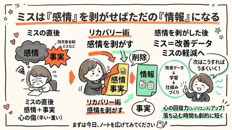 ミスから感情を切り離し、改善データを収集して再発防止の仕組みを構築する、成長マインドセットのプロセス解説図。
