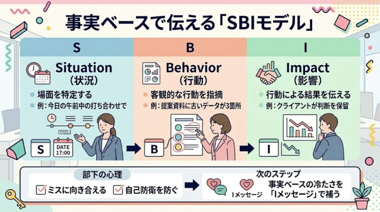 事実ベースで伝える「SBIモデル」を解説する図解スライド。Situation(状況の特定)、Behavior(客観的な行動の指摘)、Impact(行動による影響)の3つの要素で部下の自己防衛を防ぐ手順をまとめています。