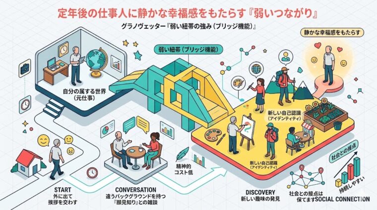 アイキャッチ画像:日常の挨拶や雑談が新しい自己認識と社会復帰に繋がる仕組みを説明した画像