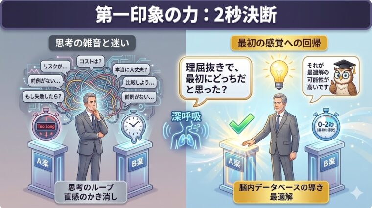 思考のノイズを排し、脳内データベースの導きである「最初の2秒の直感」に回帰して最適解を選ぶ意思決定の優先順位を説明した図解。