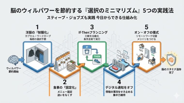 リスト画像:日常生活で決断疲れを防ぐための「選択のミニマリズム」5つの実践ステップをまとめた画像