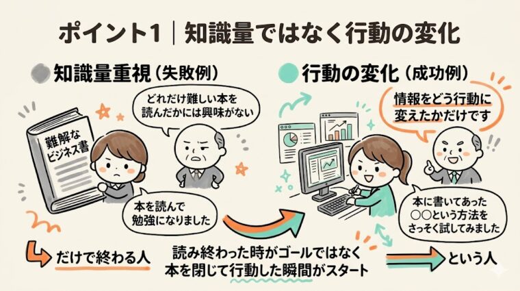 比較画像:難しい本を読んだ「知識量」を誇るのではなく、読んだ内容を即座に「行動の変化」に繋げることの重要性を説いた図解画像
