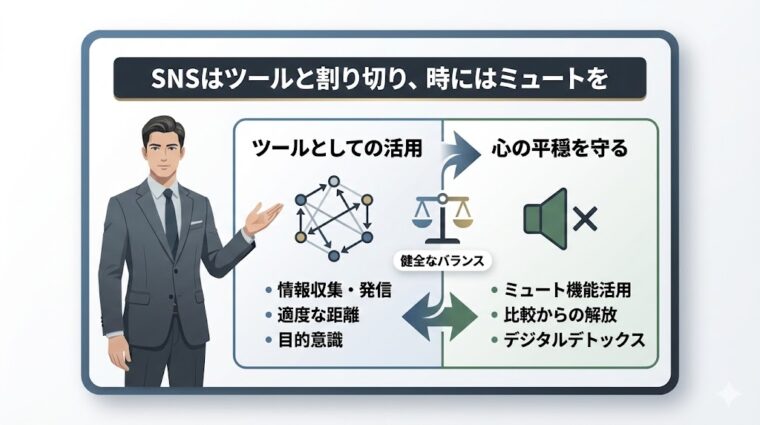 SNSを情報収集ツールとして活用しつつ、ミュート機能などで心の平穏を守る「健全なバランス」を解説した図解画像