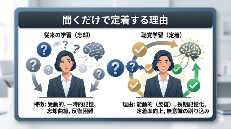 アイキャッチ画像:従来の受動的な学習と、聴覚学習(耳活)が長期記憶として定着しやすい理由を整理した比較画像