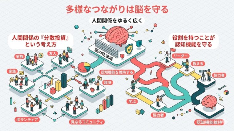 アイキャッチ画像:認知機能を守るための「人間関係の分散投資」の重要性を解説した画像