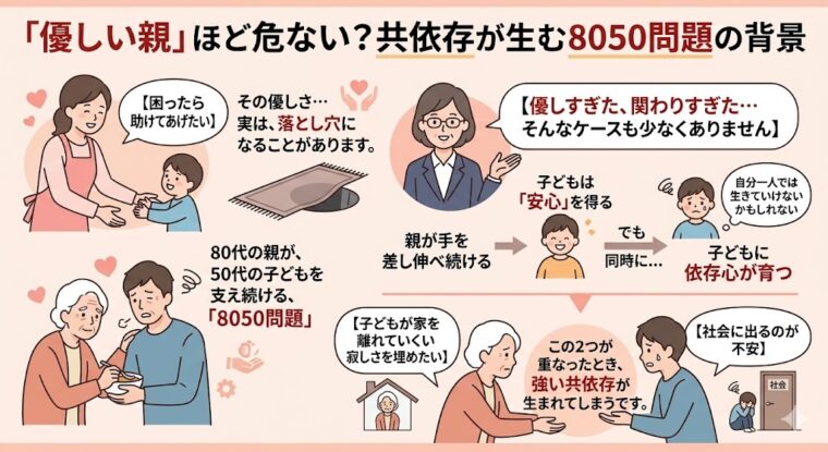 「優しい親」ほど陥りやすい共依存の仕組みと、8050問題が発生する要因を整理した画像
