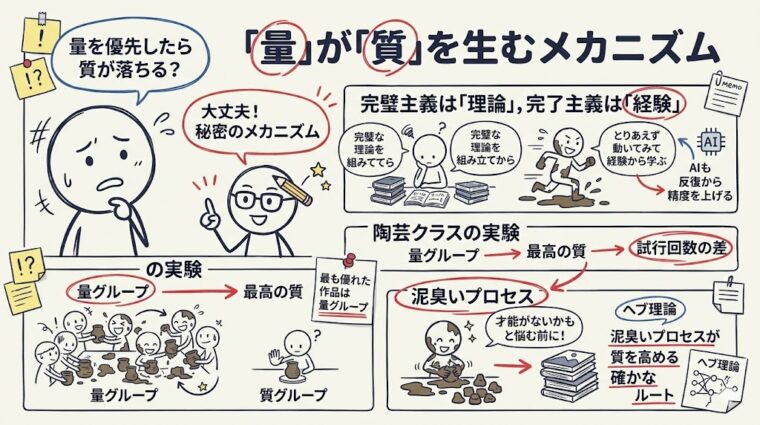 「量」が「質」を生むメカニズムの解説。完璧主義な「理論」よりも、完了主義による「経験」と回数が質を保証することを説明する画像。