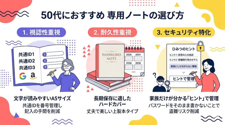 50代が選ぶべきパスワード管理ノートの条件とセキュリティ対策のポイントを解説した画像
