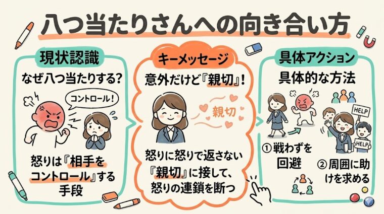 「八つ当たりする人」の支配欲求を理解し、怒りの連鎖を断つための「親切」な対応や周囲への協力要請について解説した図解画像