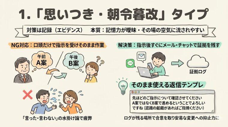 「思いつき・朝令暮改」タイプの上司への対策。指示をすぐにメールやチャットで記録(エビデンス)に残し、言った言わないの論争を防ぐ方法。