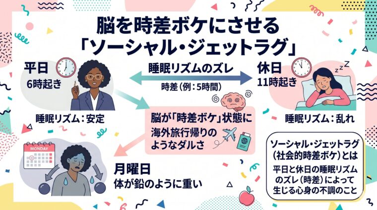 解説画像:体内時計の乱れや平日・休日の睡眠格差が深刻な疲労原因となる「社会的時差」を整理した画像