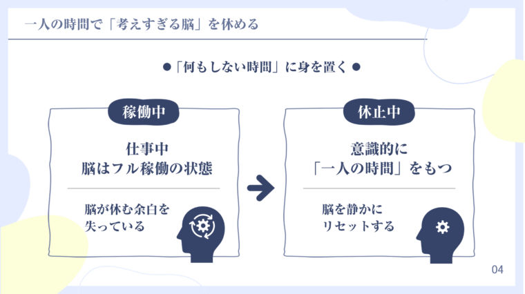 「考えすぎる脳」を休めるために、「何もしない時間」を設ける方法を解説する図解。「稼働中」の状態では仕事中に脳がフル稼働し余裕を失っている(歯車のアイコン)のに対し、「休止中」の状態では意識的に一人の時間をもち、脳を静かにリセットする(リセットアイコン)という、オンとオフの切り替えを示している。脳疲労の回復や集中力向上、マインドフルネスに関するコンテンツ。