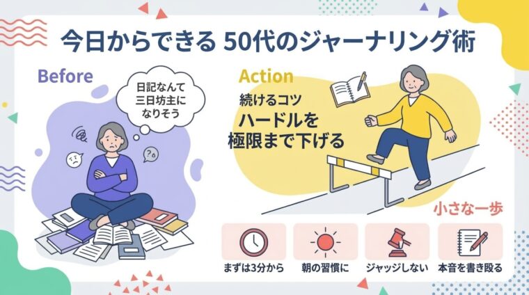 アイキャッチ画像:50代から始めるジャーナリング術と、継続のためにハードルを下げるコツを整理した画像