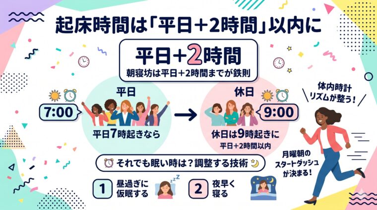 手順画像:起床時間を一定に保つことで睡眠負債を解消し、体調を管理する「起床の鉄則」を整理した画像