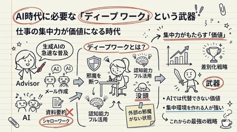 AI時代に市場価値を高める武器としての「ディープワーク」の重要性と、AIでは代替できない価値を生むための差別化戦略をまとめた画像