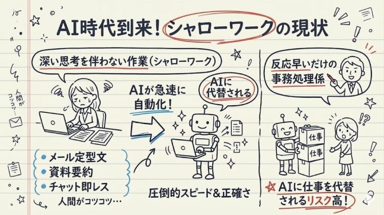 メール定型文や資料要約など、AIに代替されるリスクが高い「シャローワーク(深い思考を伴わない作業)」の現状と課題を解説した図解