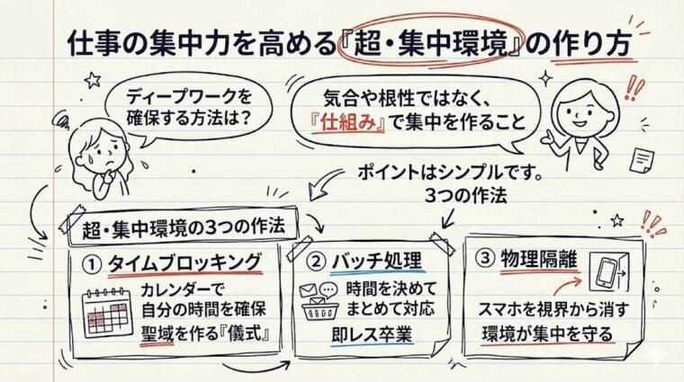タイムブロッキング、バッチ処理、物理隔離という3つの作法で、仕事の集中力を高める「超・集中環境」を作る仕組みを解説した画像