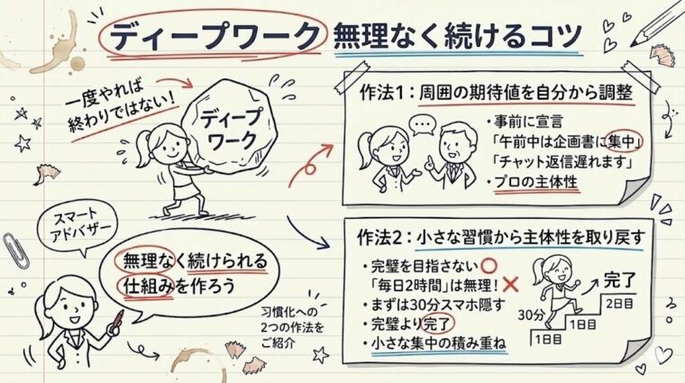 ディープワークを無理なく継続するための2つのコツ。周囲との期待値調整(プロの主体性)と、完璧主義を捨てて「小さな習慣」から始める仕組み。