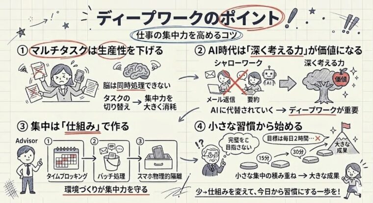 AI時代に高生産性を実現するディープワークの要点まとめ。マルチタスクの回避、思考力の価値、環境づくりの仕組み、小さな習慣化の4つのポイント。