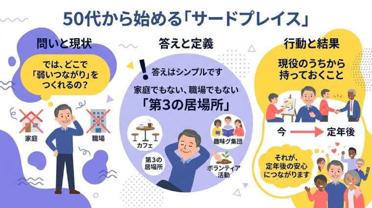 アイキャッチ画像:50代から準備すべきサードプレイス(第3の居場所)の具体例を整理した画像