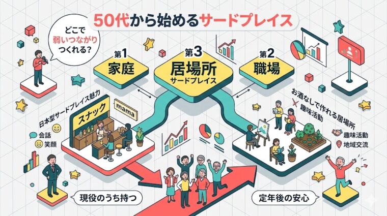 アイキャッチ画像:50代から準備すべきサードプレイス(第3の居場所)の具体例を整理した画像