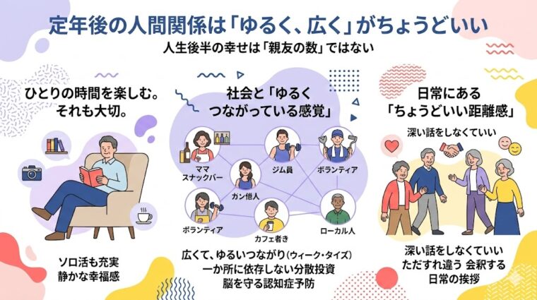 アイキャッチ画像:広くてゆるい繋がりが定年後の幸福度を向上させるポイントをまとめた画像