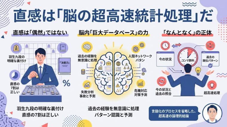 解説画像:直感を「超高速統計処理」と定義し、過去の類似パターンと現状を瞬時に照合するメカニズムの図解画像