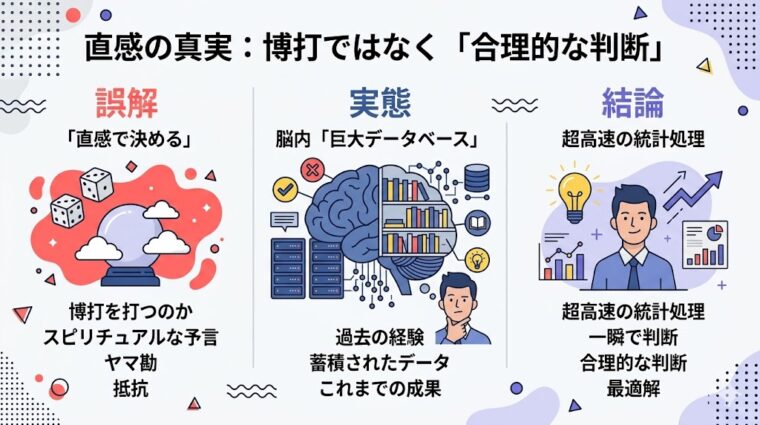 解説画像:直感の本質を経験に基づく「脳内データベース」による合理的判断と定義し、その仕組みを整理した画像