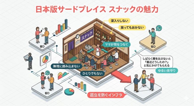 アイキャッチ画像:スナックを介した「深入りしない、ゆるい見守り」による孤立防止効果を解説した画像